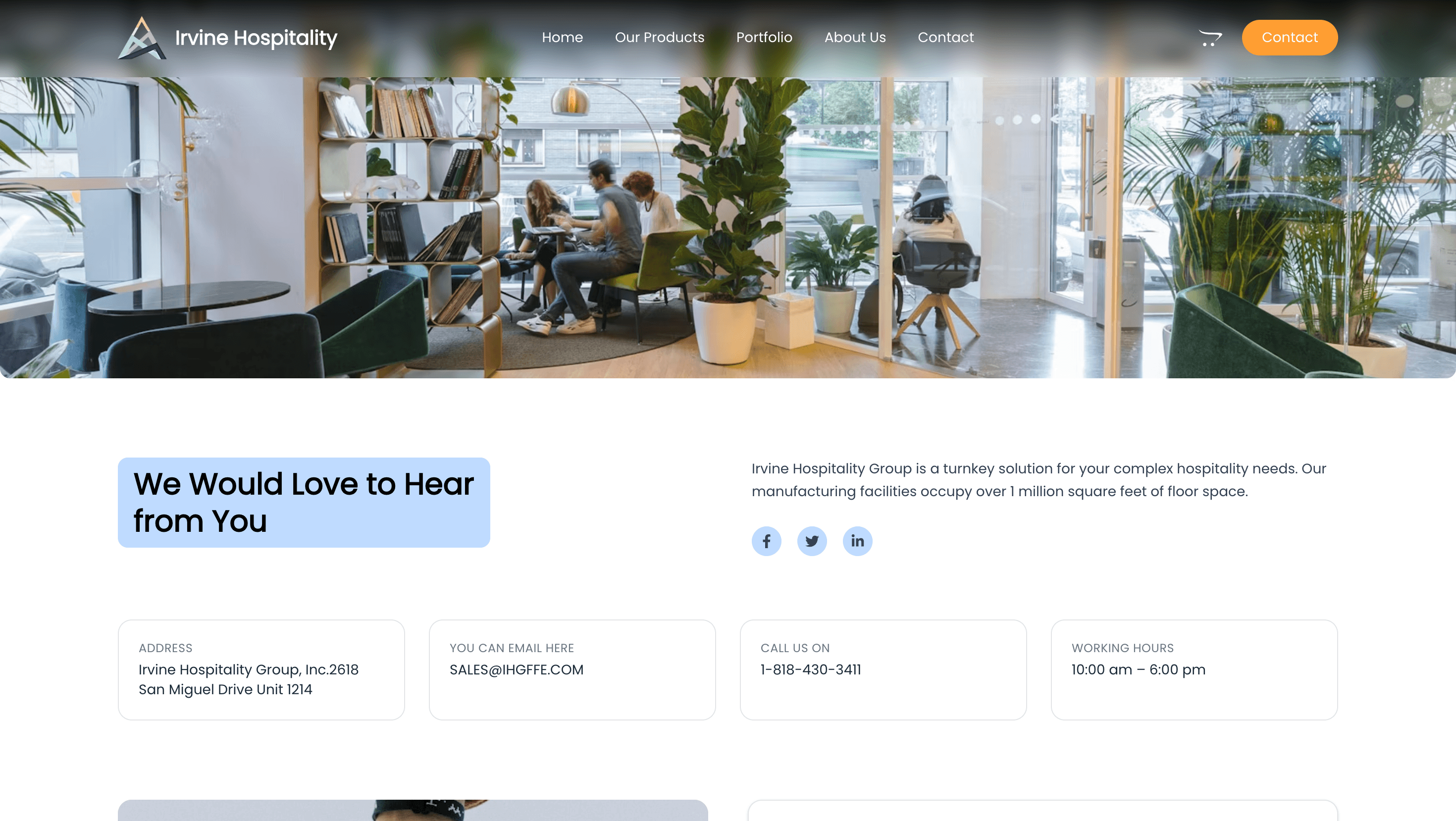 Irvine Hospitality — Contact and inquiry section with project consultation flow