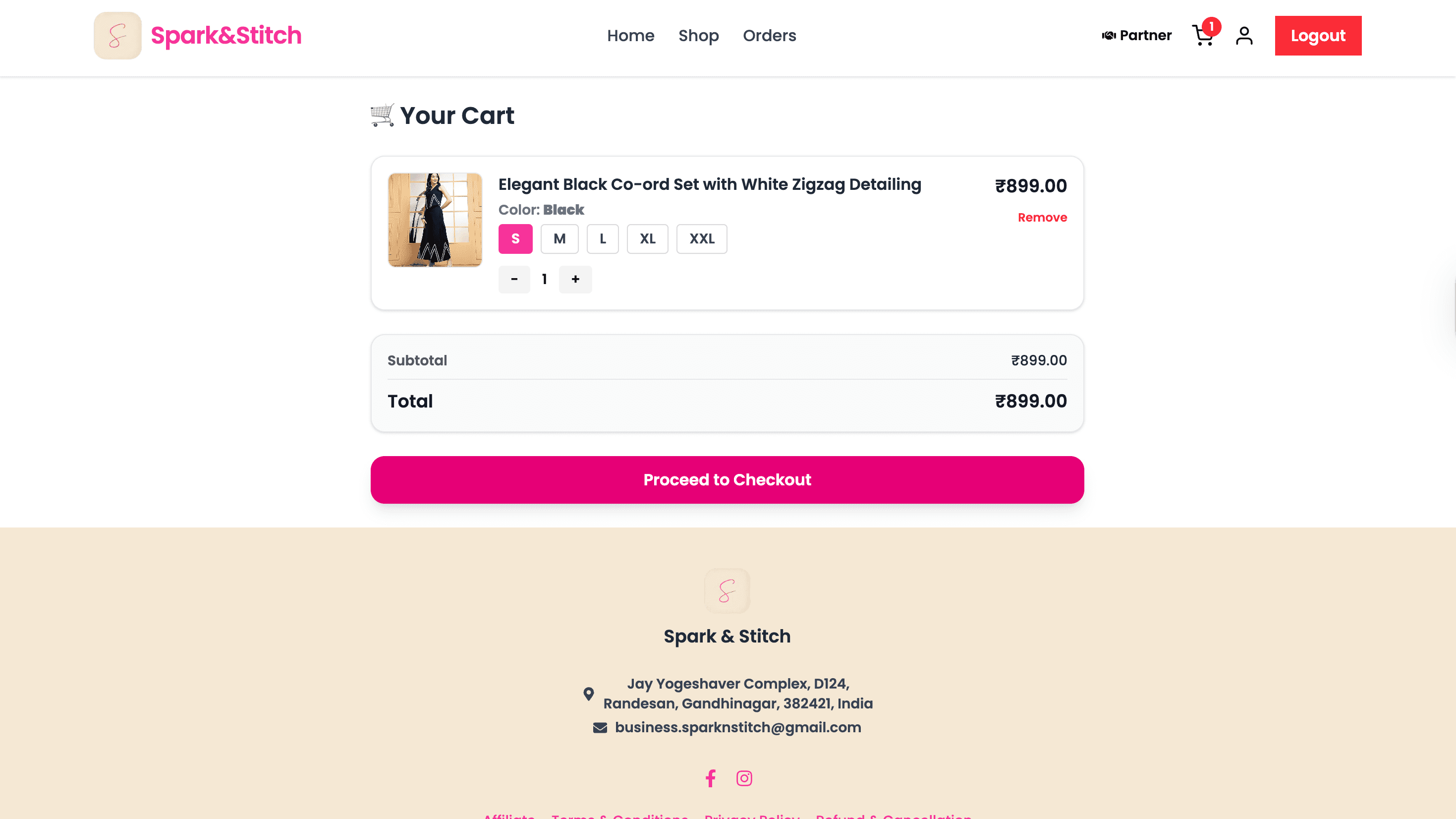 Spark & Stitch — Product detail page with size selector and Cloudinary-optimized images