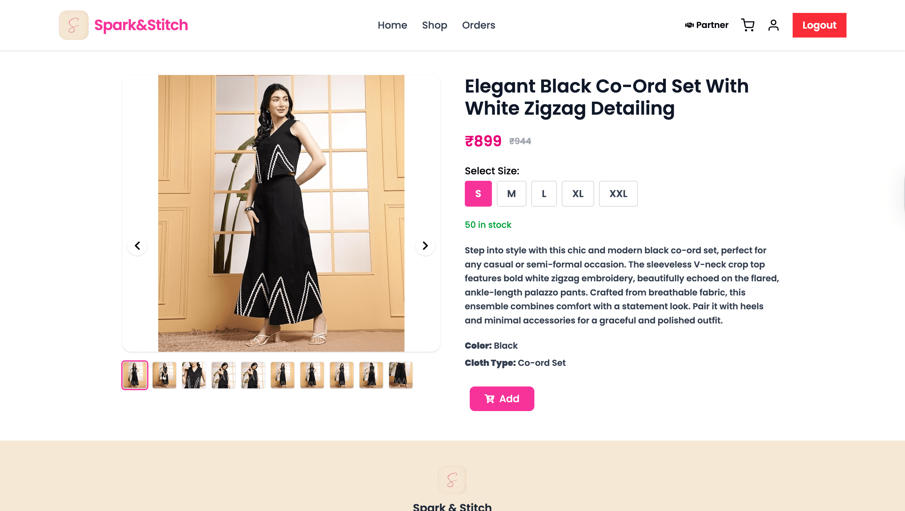Spark & Stitch — Product catalog with category filtering and quick-add cart