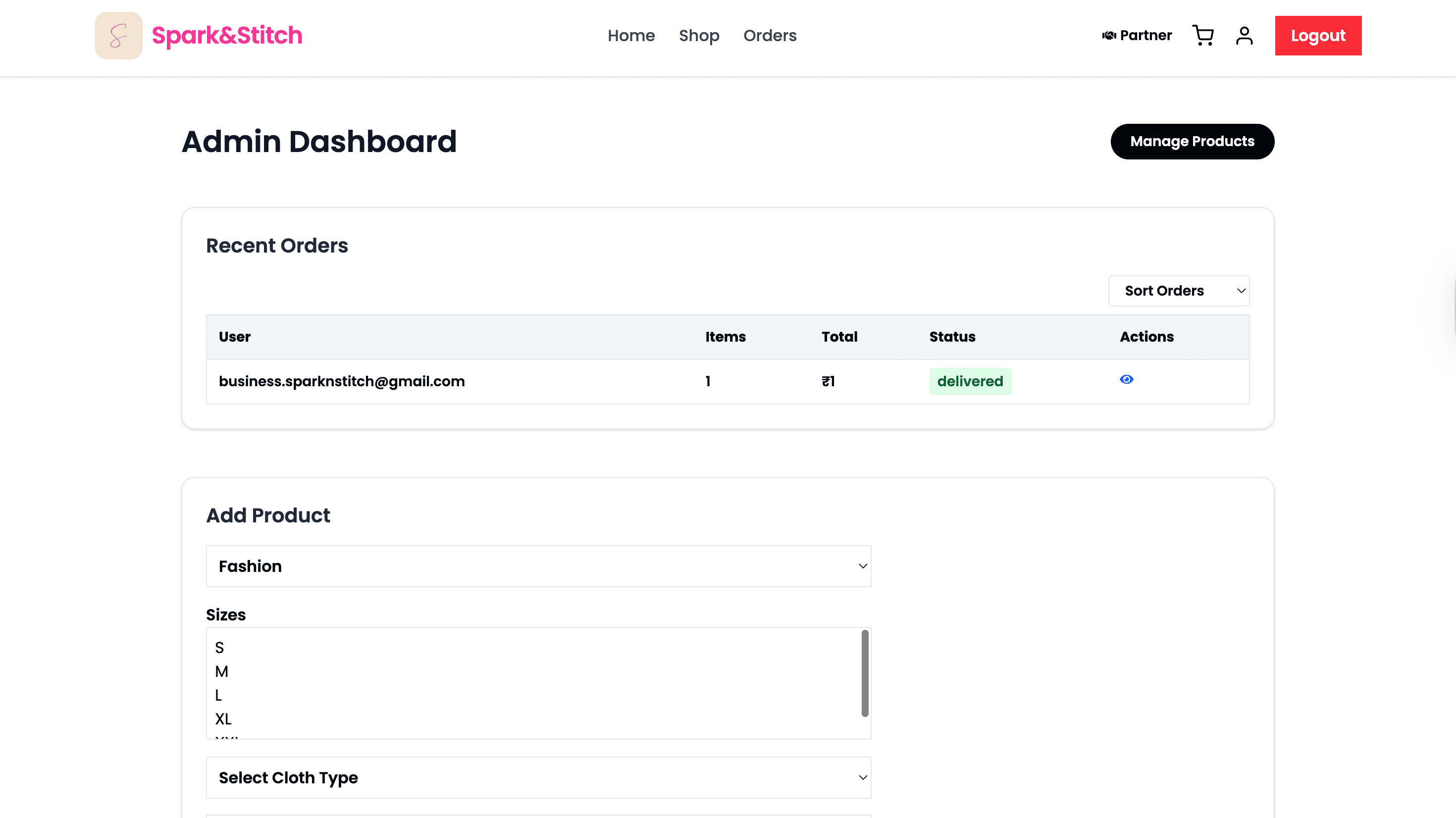 Spark & Stitch — Shopping cart with UPI payment flow