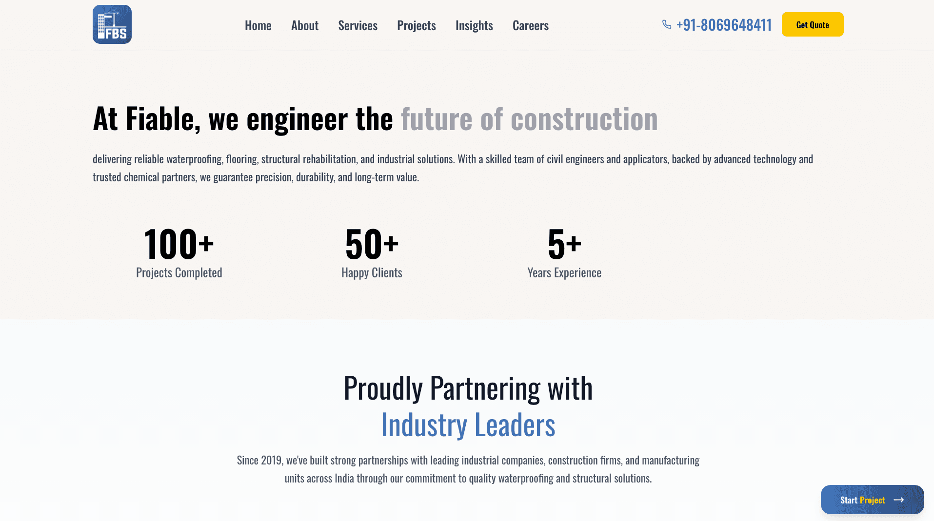 Fiable — Homepage sections with service cards and client trust signals