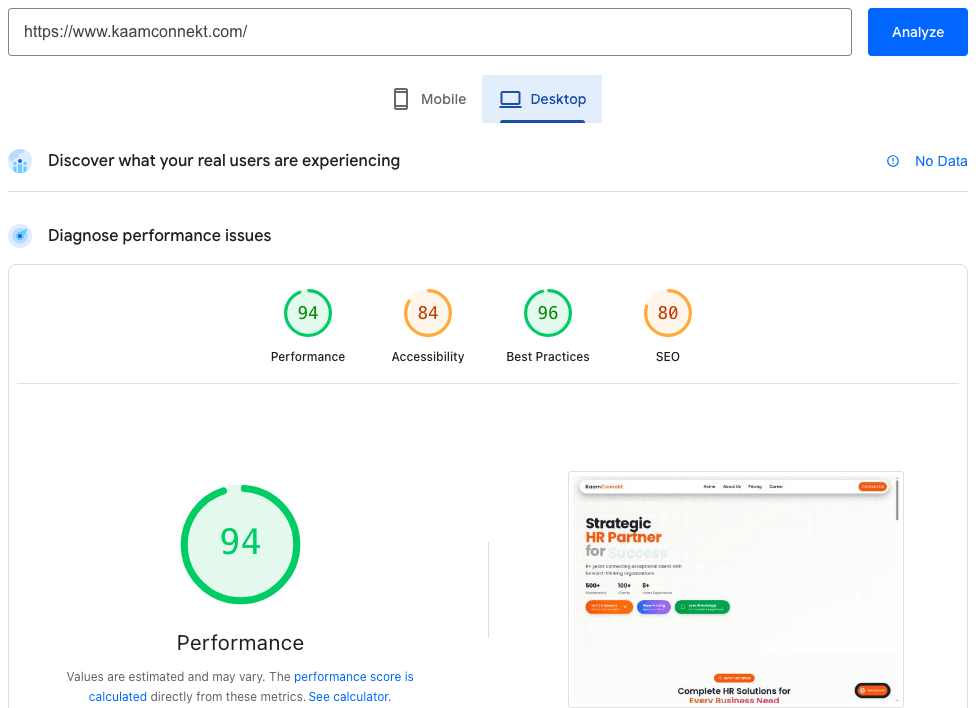 KaamConnekt — Service pages with automated JSON-LD schema and SEO metadata