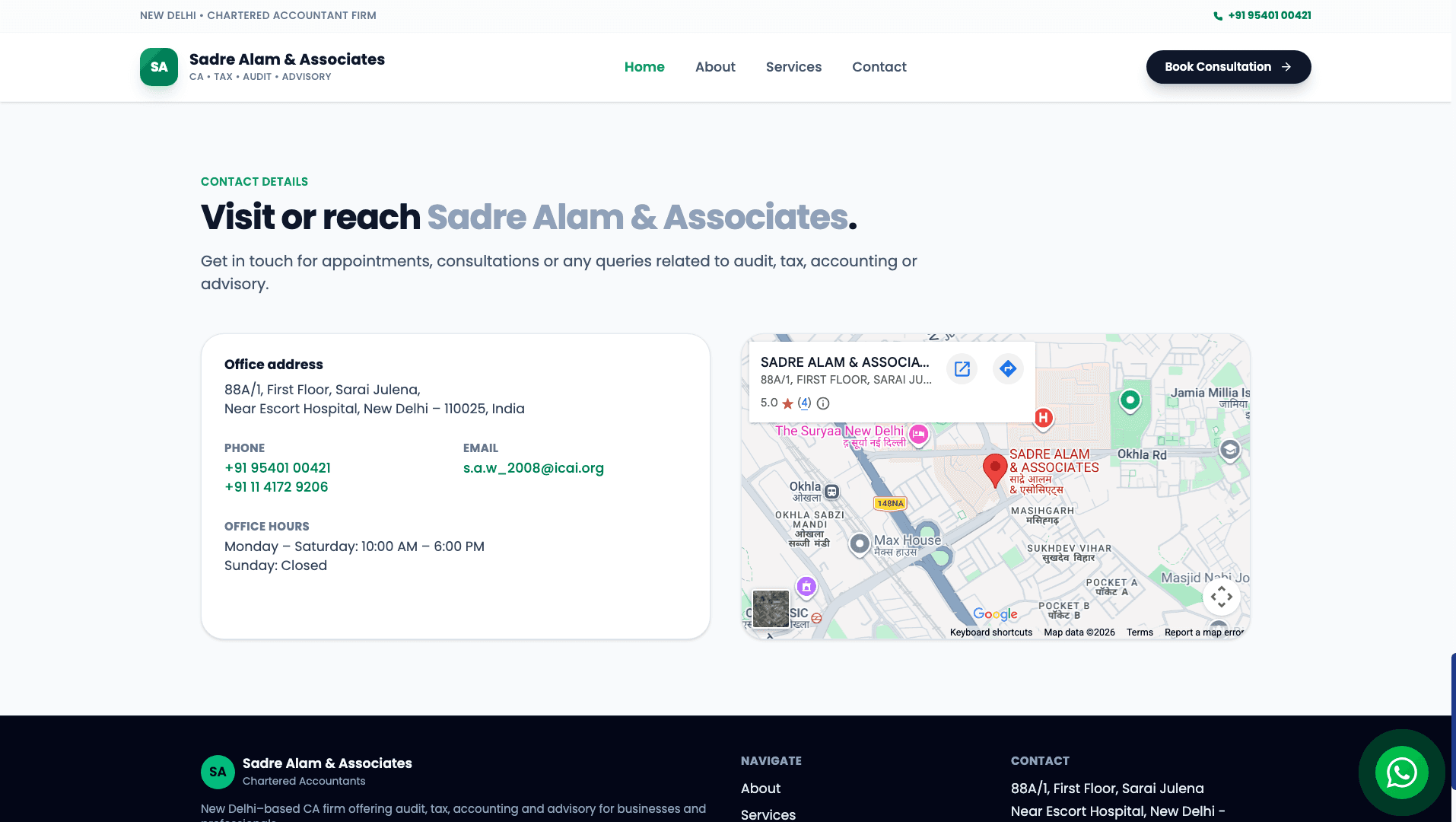 SA Associate — Contact section with office address, map, phone, and WhatsApp integration