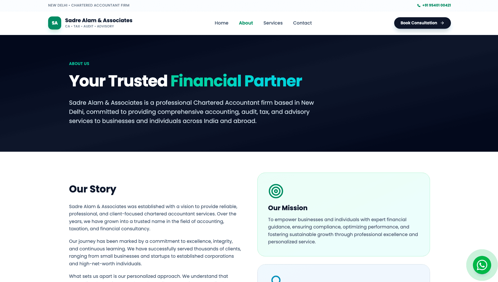SA Associate — About page with firm milestones, credentials, and team credibility
