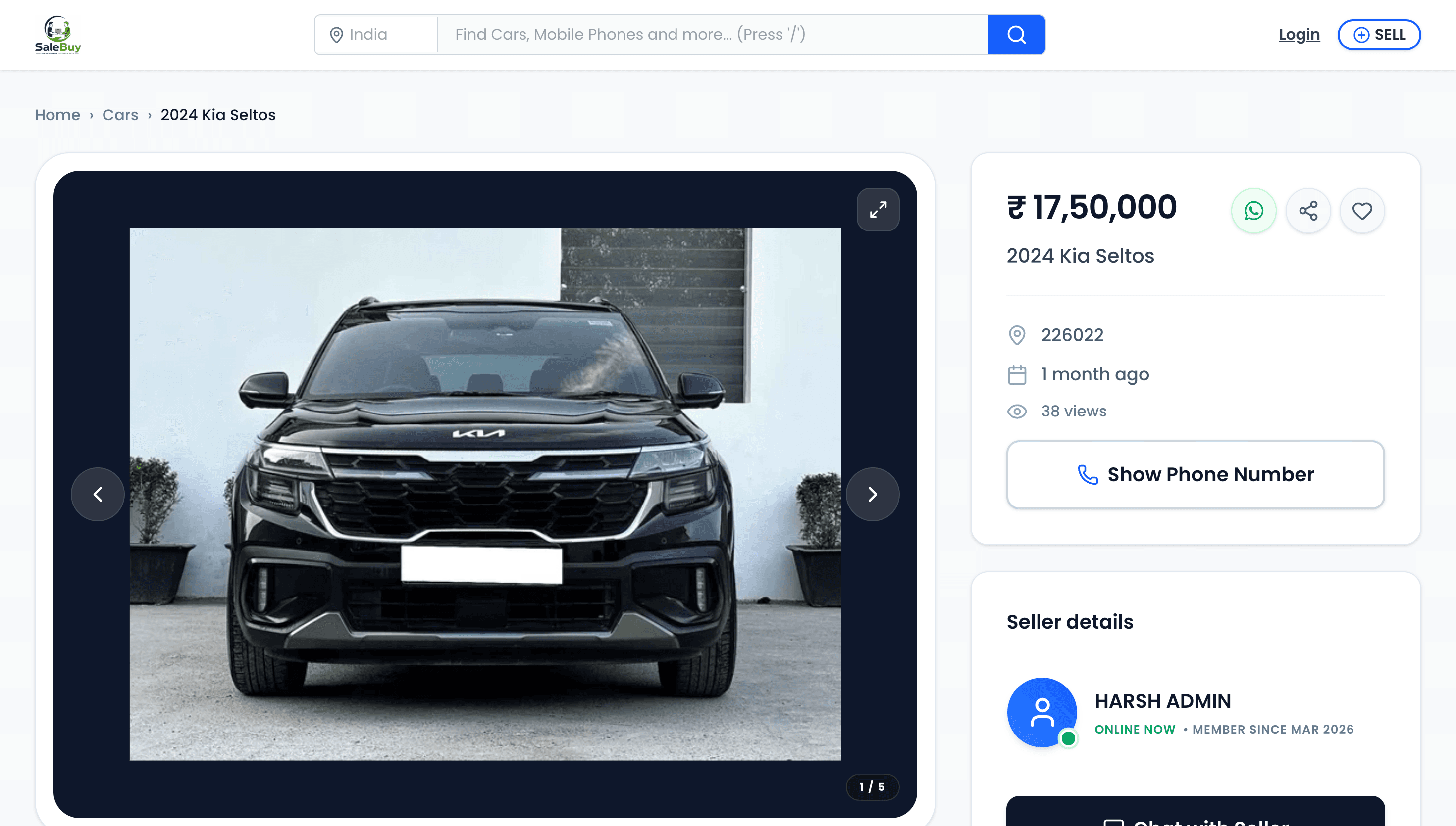 SaleBuy — Product detail page with seller chat, AI-generated description, and image gallery