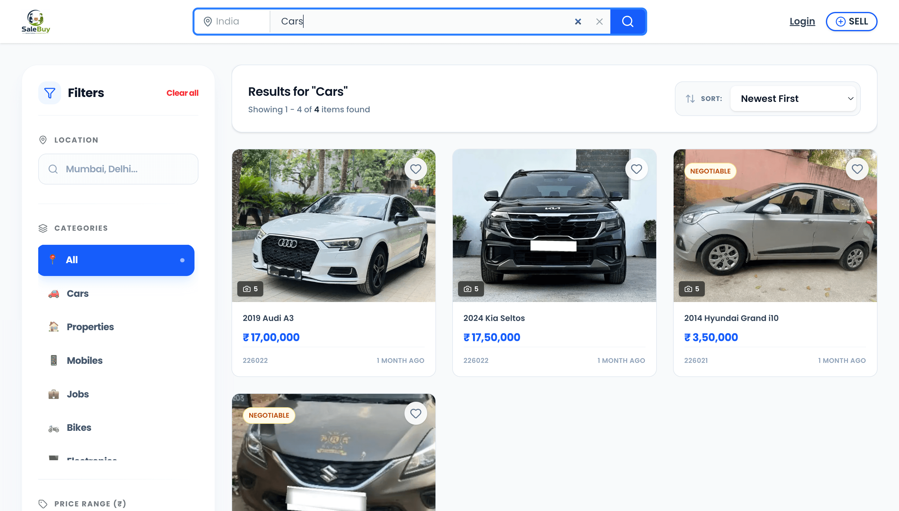 SaleBuy — Search results with filters, category tags, and location-based sorting