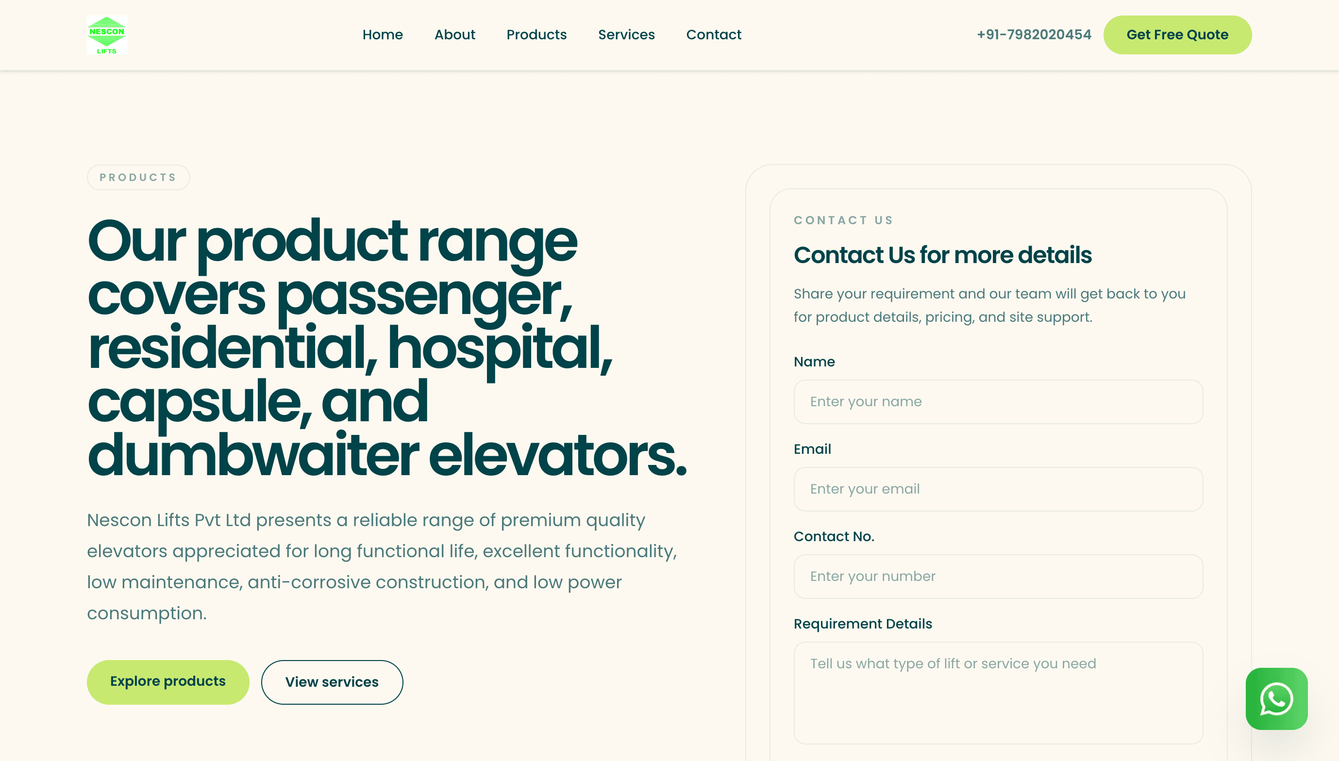 Nescon Lifts — Product catalog with tabbed specification grids for passenger, goods, and hospital elevators