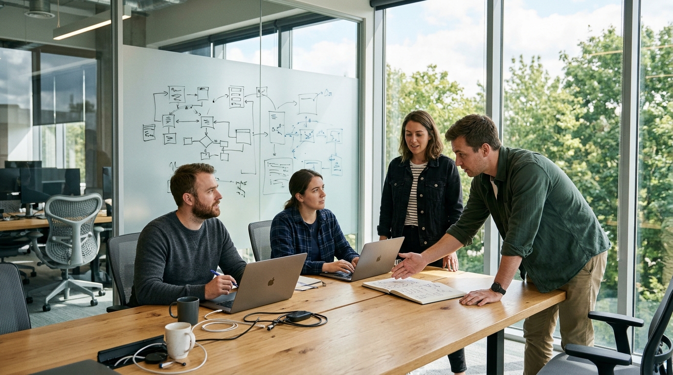 Product engineering team reviewing AI software architecture in modern bright office